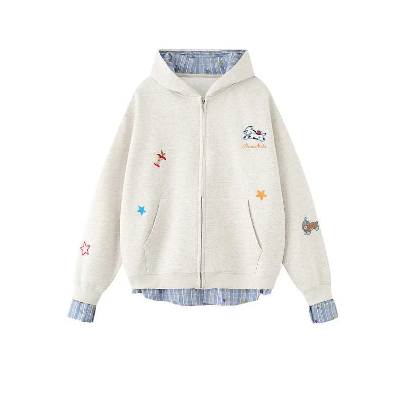 卡通小狗刺绣假两件连帽卫衣女男秋季韩系慵懒风宽松显瘦开衫外套