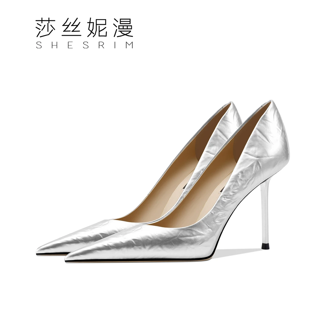 【摩登纵横】2024春季新款时尚银色女单鞋细高跟气质时尖头优雅女鞋