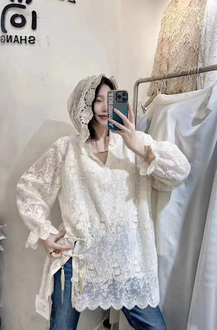 MLF251#长袖中长款连帽网红设计感蕾丝衬衣新中式宽松蕾丝衫251#