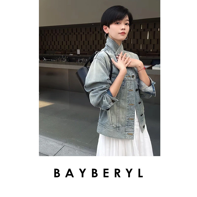 BAYBERYL老贝街拍牛仔*怀旧水洗休闲翻领25秋外套MF4L2702-3/1
