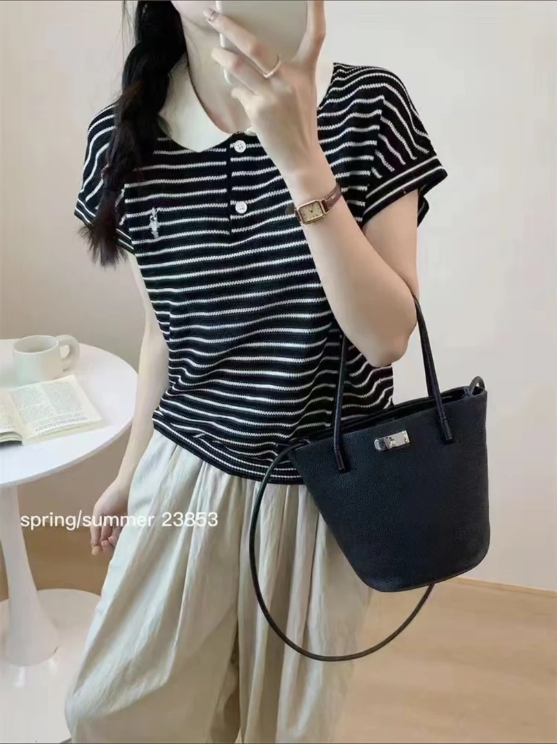 新款夏季刺绣休闲撞色设计感条纹POLO针织T恤