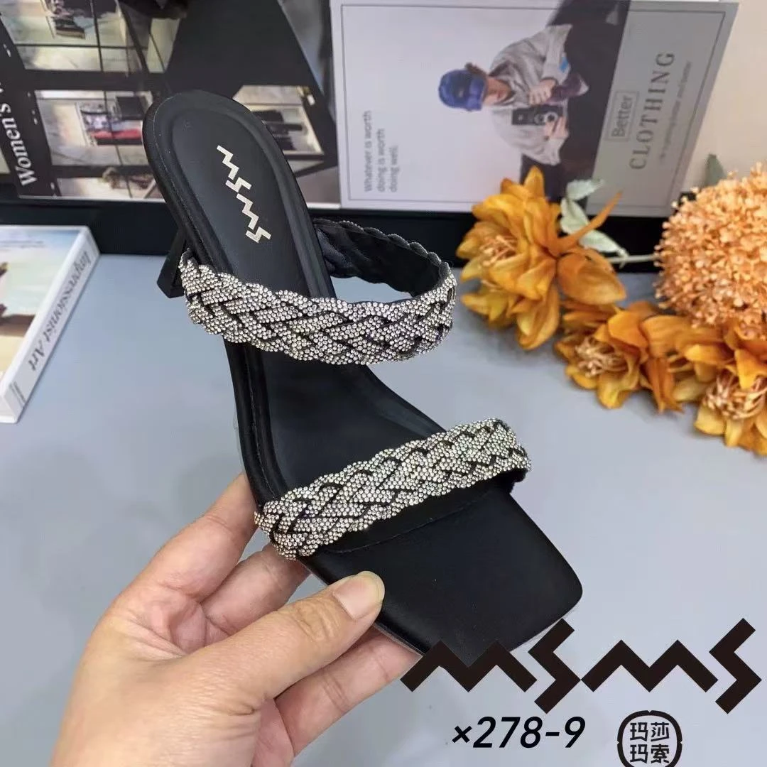278-9方头细跟水钻一字拖沙滩鞋子欧若精灵风