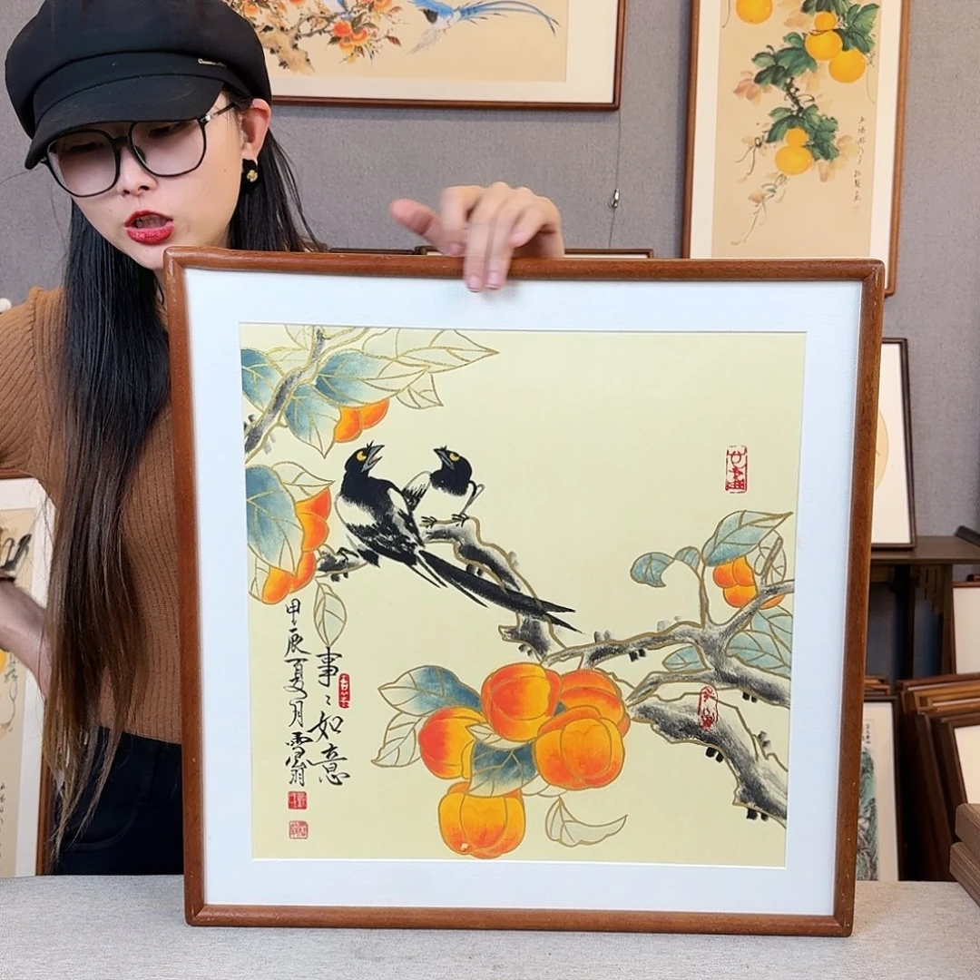 国画纯手绘，纯手写带框尺寸：53×53厘米