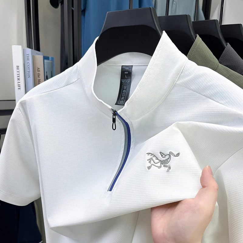 【奥莱撤柜】短袖男装立领t恤鸟刺绣薄款冰丝户外运动速干上衣