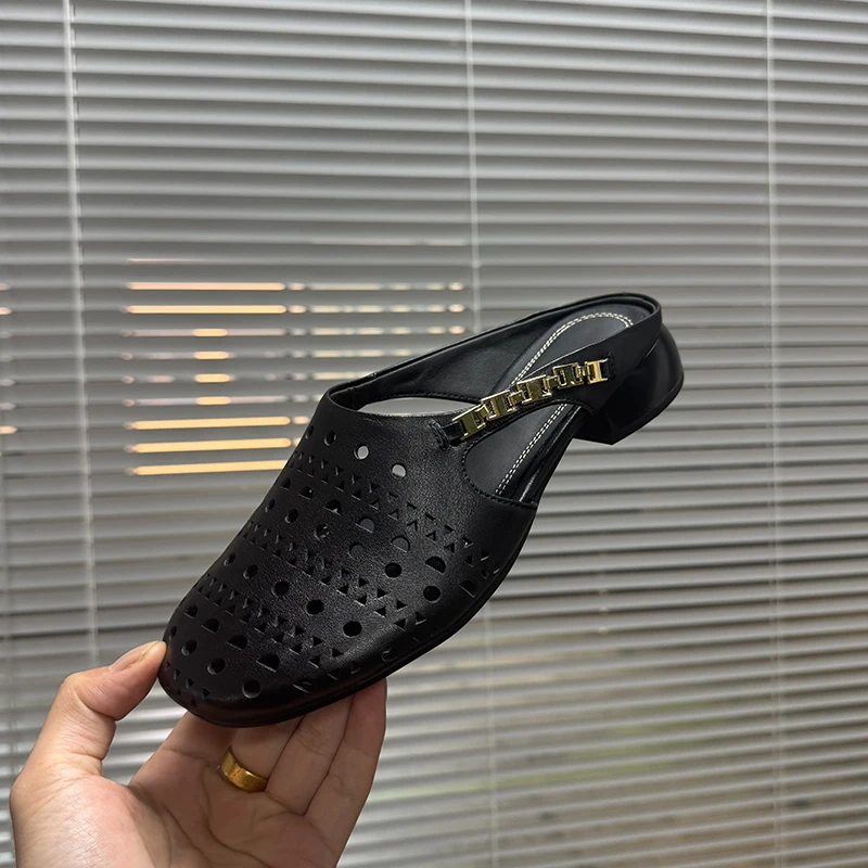 3cm/牛皮/真皮镂空夏季透气凉拖鞋女时尚外穿圆头中跟穆勒鞋皮拖