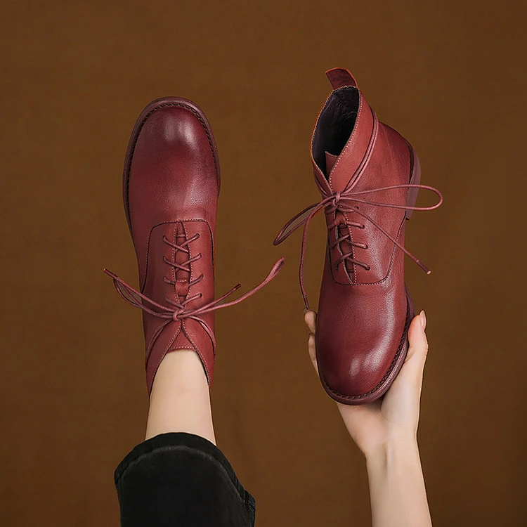 4cm~圆头系带粗跟短筒时装靴女2025秋冬新款软底舒适真皮马丁靴女