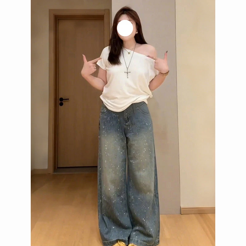 特大码满天星河烫钻牛仔裤女秋季新款胖mm宽松显瘦梨型身材阔腿裤
