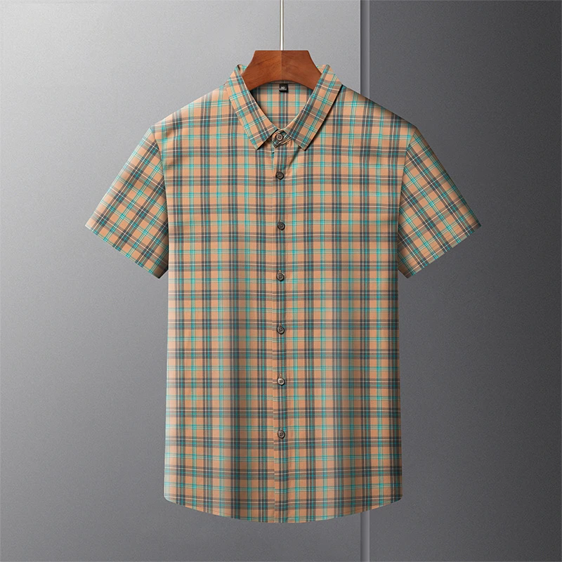 本派夏季新品复古卡其色绿格桑蚕丝冰感格子衬衫男潮流短袖T恤