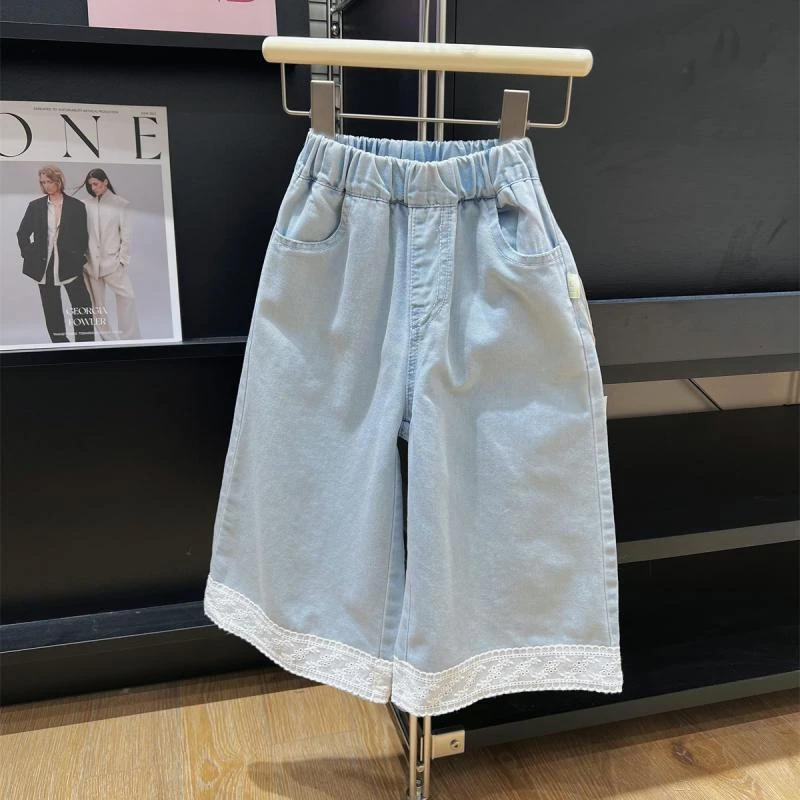 韩版女童洋气水洗牛仔裤夏季薄款女宝宝蕾丝边软糯宽松防蚊阔腿裤