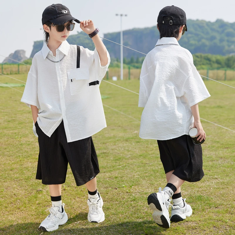 2025年款衣服儿童男童夏装套装夏季薄款短袖衬衫大童夏款洋气男孩