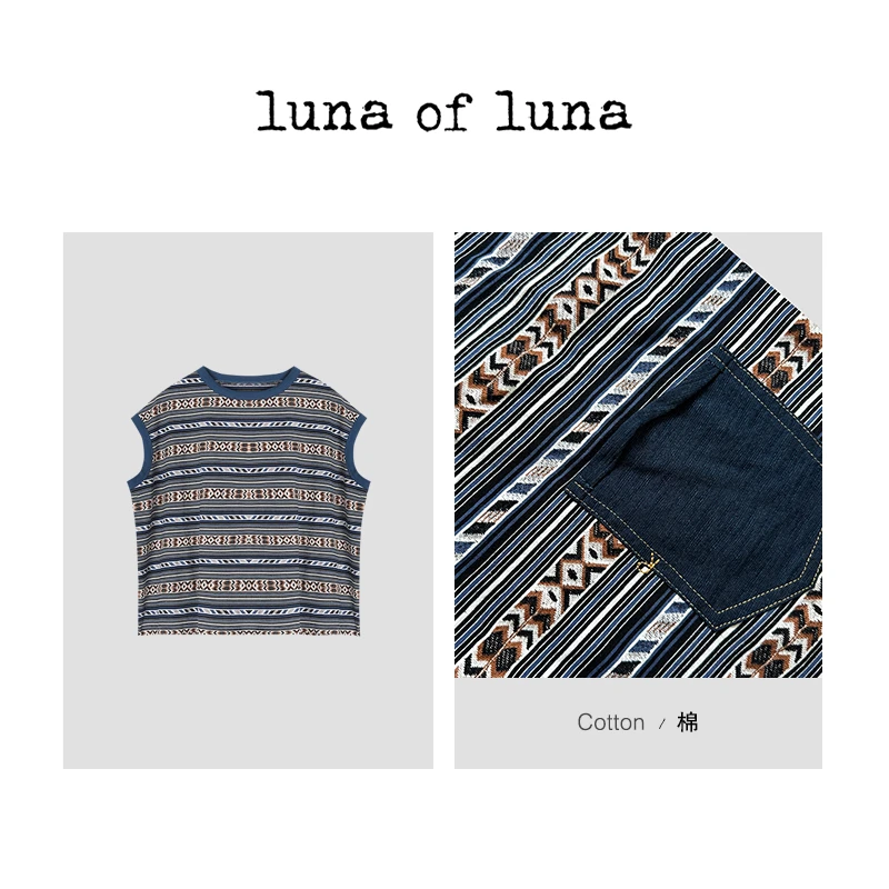 LUNA“ 45啊 复古岛”日系遮肉费尔岛纯棉刺绣条纹背心 BX00651