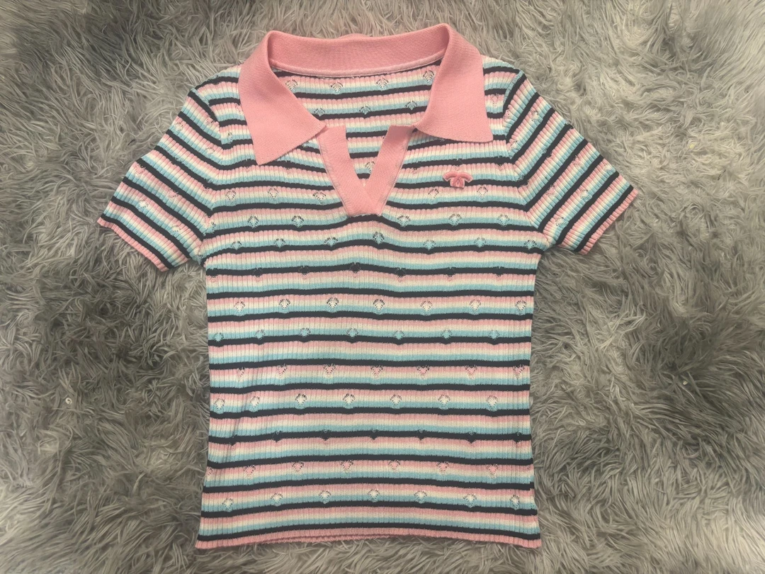 A188号  蓝粉条纹2025新款时尚百搭短袖轻奢