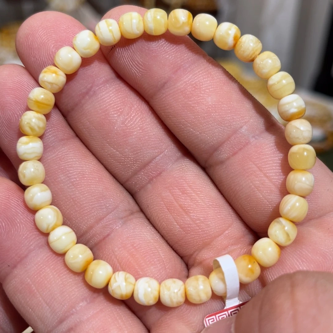 蜜蜡未镶嵌手链微瑕沁色瓷白溶洞虎皮妖花6.0mm