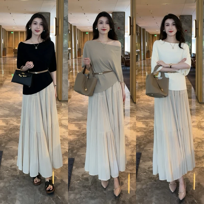 时尚套装裙女2025夏季新款时髦法式不规则斜肩上衣半身裙两件套裙