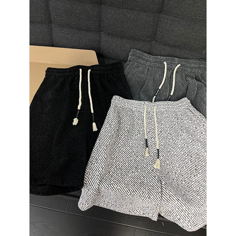 撞色条纹针织斑马短裤男款夏季美式休闲宽松直筒松紧腰中裤五分裤