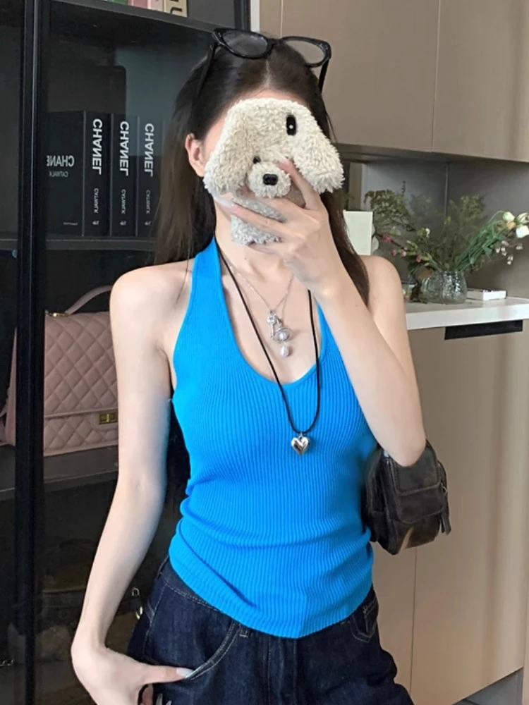 辣妹风纯色针织挂脖吊带背心女夏季复古别致美背修身显瘦无袖上衣