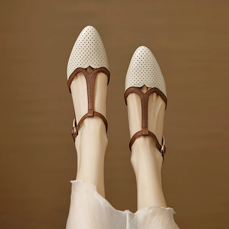 蜻蜒真皮法式复古镂空包头凉鞋女新款夏季尖头百搭拼色一字带单鞋