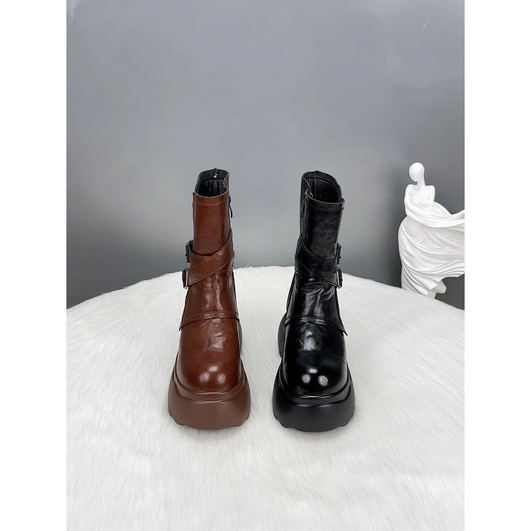 欧货潮真皮8cm厚底马丁靴女2025新款秋冬季英伦风小个子增高短靴