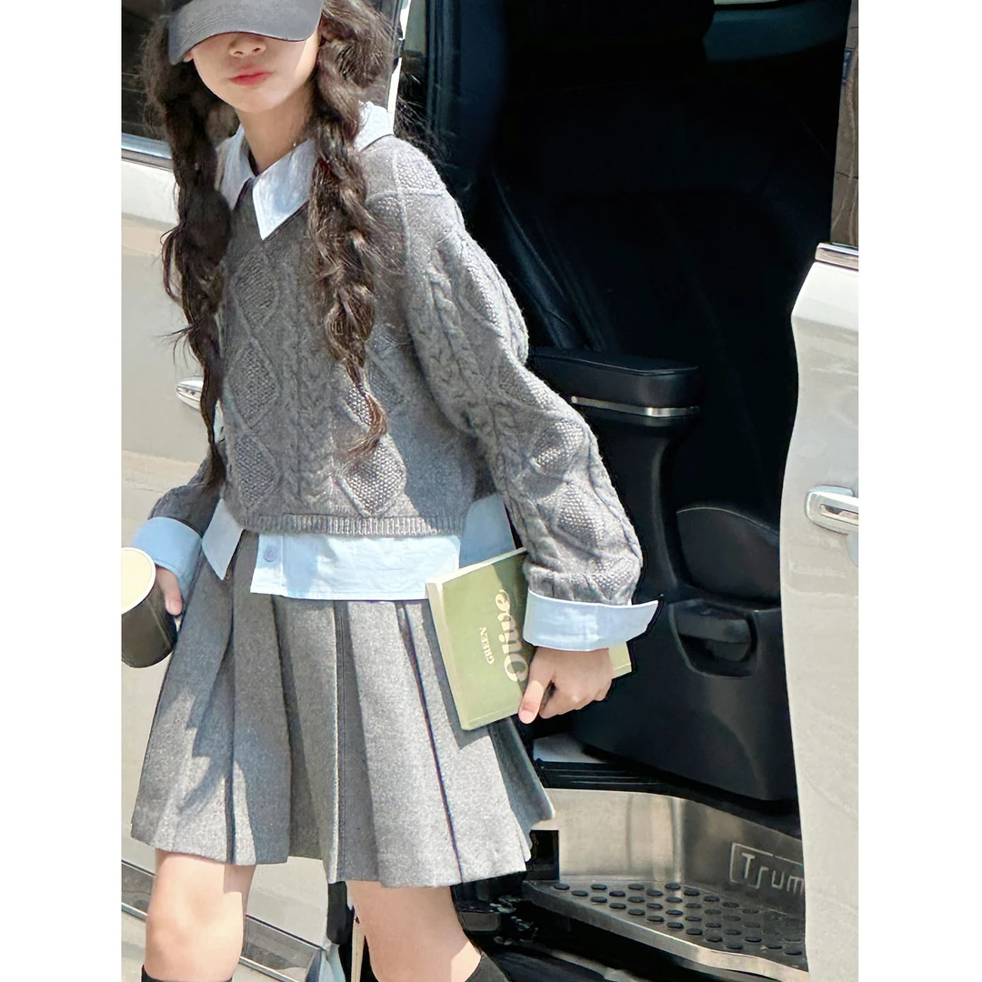 K29483孙小美假两件女童短款毛衣2025秋新款儿童上衣秋冬针织衫潮