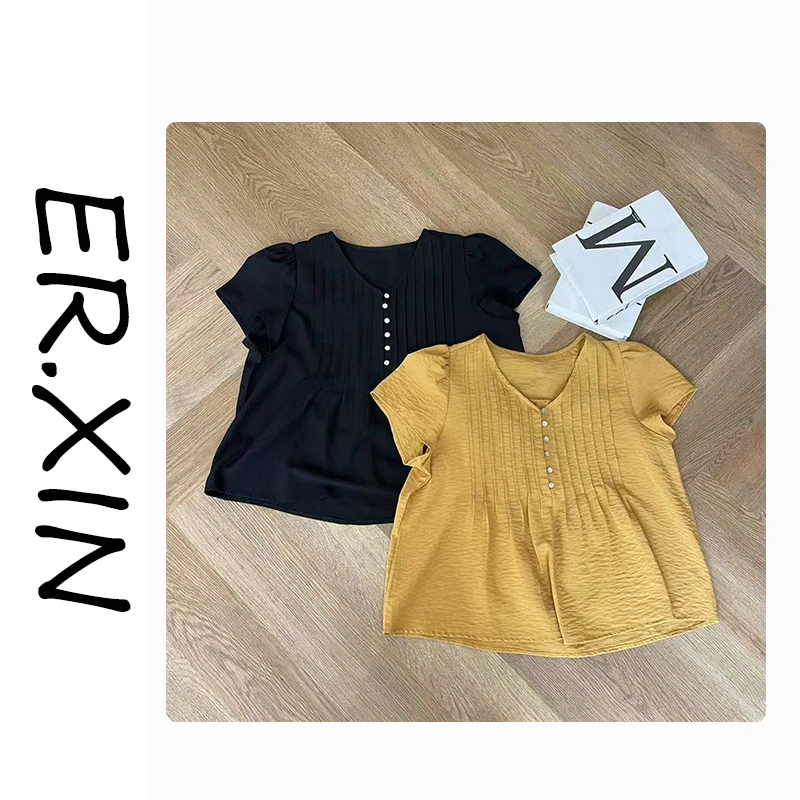 ER.XIN-‘ 柏林小衫’夏季打褶显肩窄上衣短袖小衫 休闲气质款
