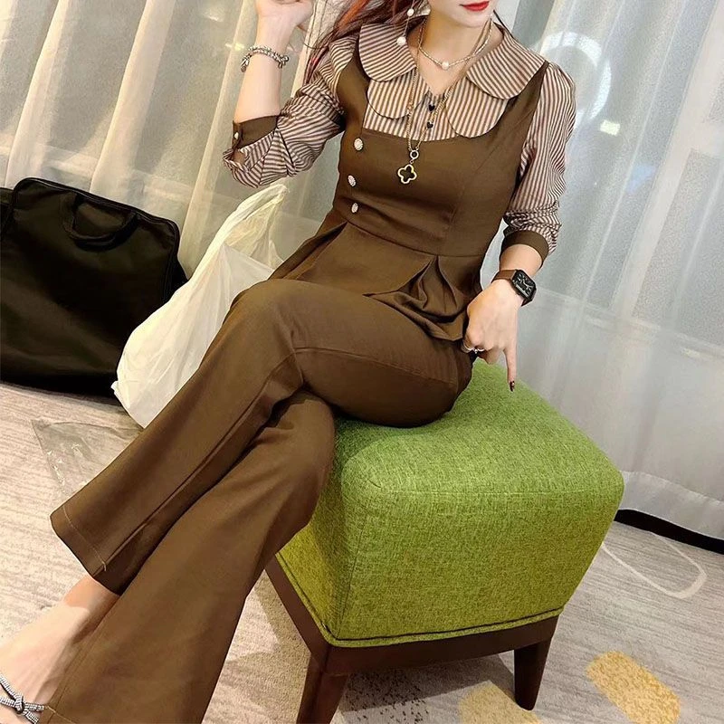 2025秋季新款显瘦条纹衬衣微喇裤两件套潮气质时尚洋气通勤风套装