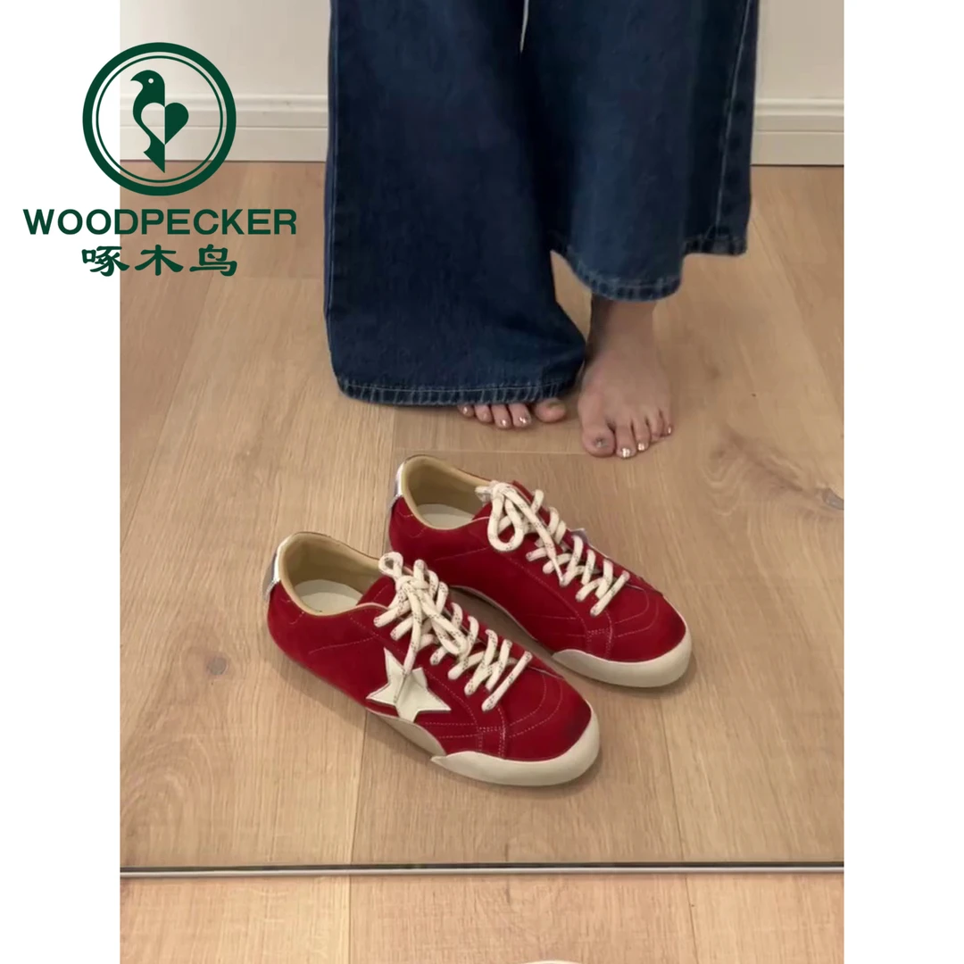 啄木鸟平底红色德训鞋女2025新款运动做旧脏脏鞋星星板鞋阿甘鞋女