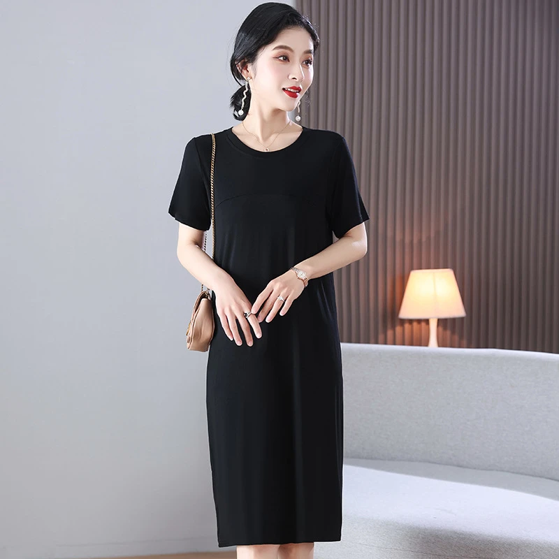 莫代尔大码短袖连衣裙中长款女黑色宽松遮肚显瘦外穿t恤打底衫夏