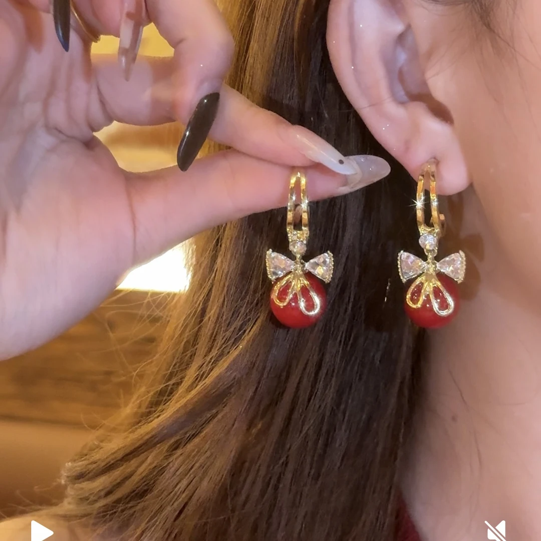 铜合金合成锆石耳饰 蝴蝶结红色轻奢高级感耳钉小众设计耳坠