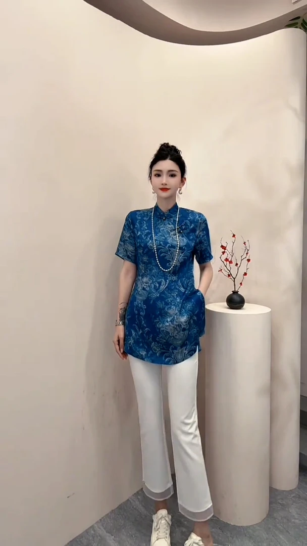 新中式国风印花衬衣女2025夏季新款时尚立领短袖上衣宽松洋气衬衫