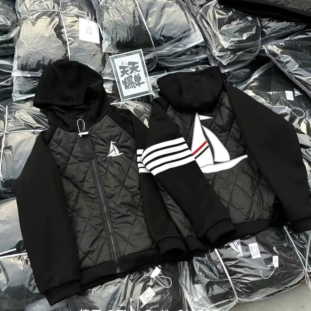 TB新款前后背帆船图案四杠快手网红同款秋冬连帽保暖情侣棉服外套