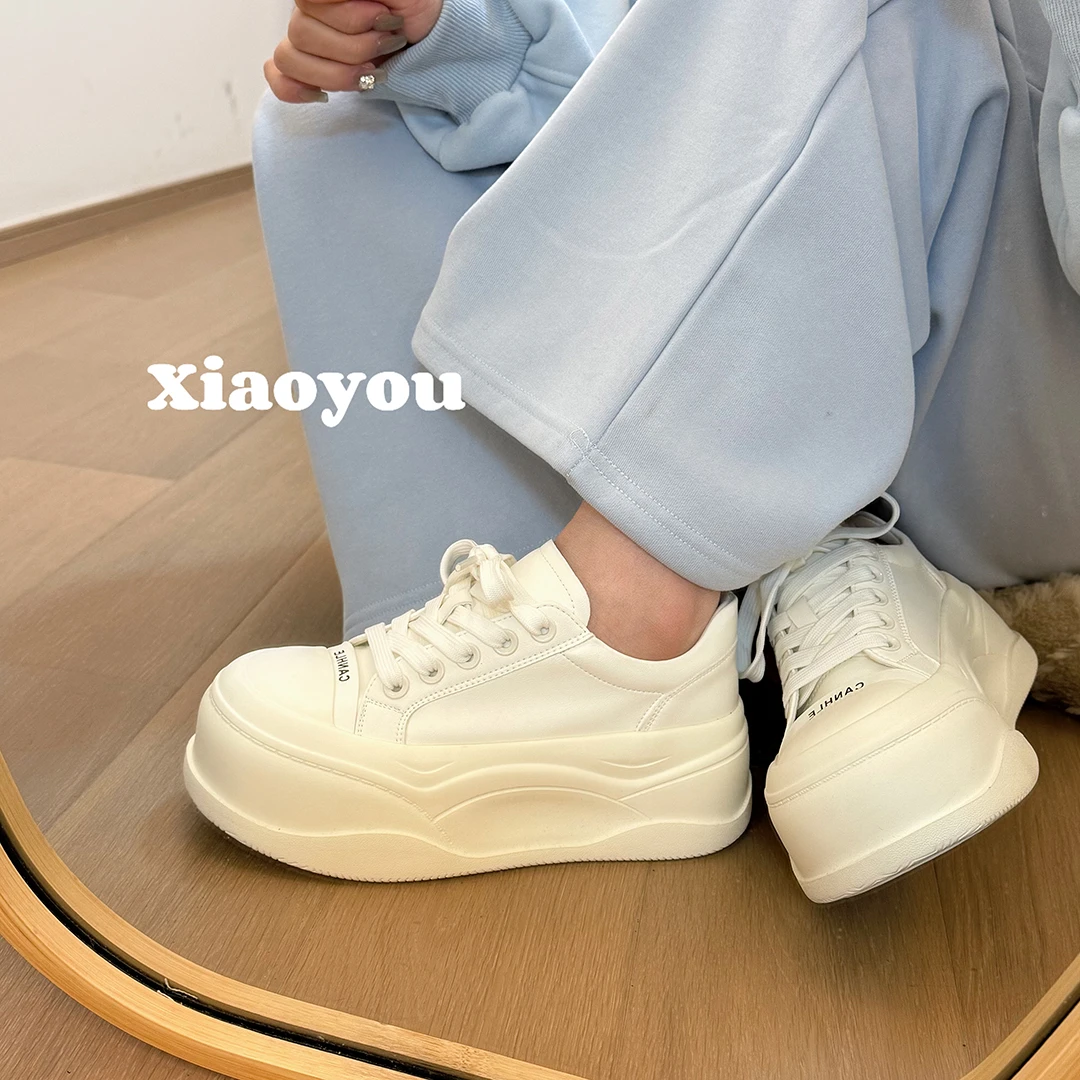 【小柚】小奶包～6CM厚底板鞋女春季新款百搭时尚真皮休闲鞋小白鞋女
