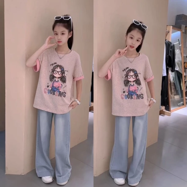 女童韩版夏季薄款短袖T恤阔腿裤套装中大童夏装休闲儿童牛仔裤潮t