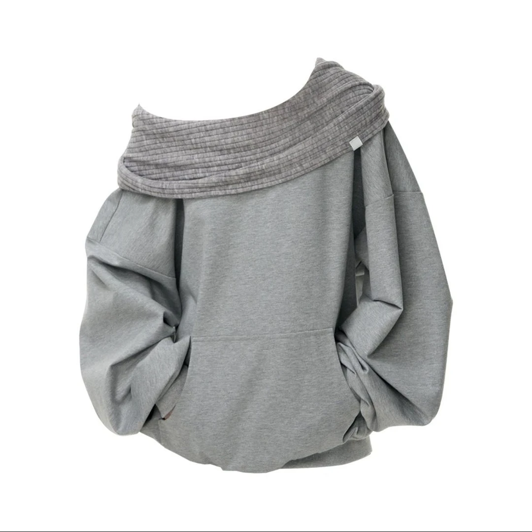 一字肩灰色长袖连帽卫衣外套女秋冬设计感小众露肩套头慵懒风上衣