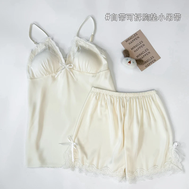 吊带睡衣女款夏季高级感纯欲风冰丝女士洋气网红防走光带胸垫套装