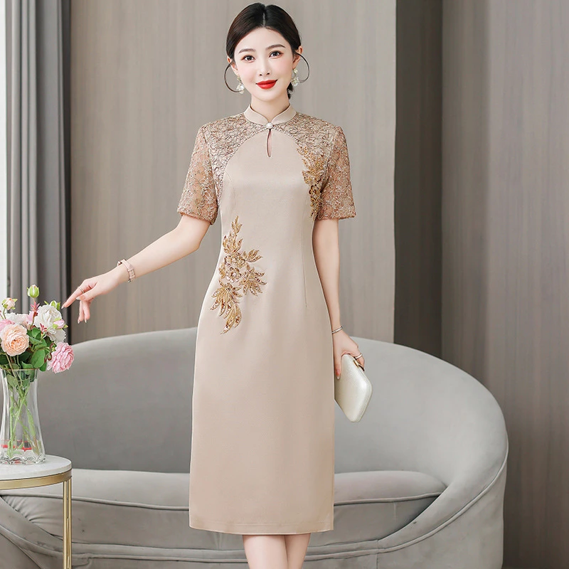 喜婆婆婚宴装香槟色礼服裙2025夏季新款妈妈装修身连衣裙气质复古