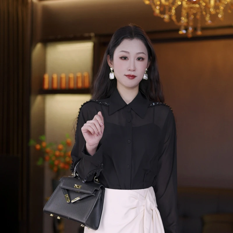 2025春装新款长袖法式黑色衬衫女士新款长袖衬衣设计感25101