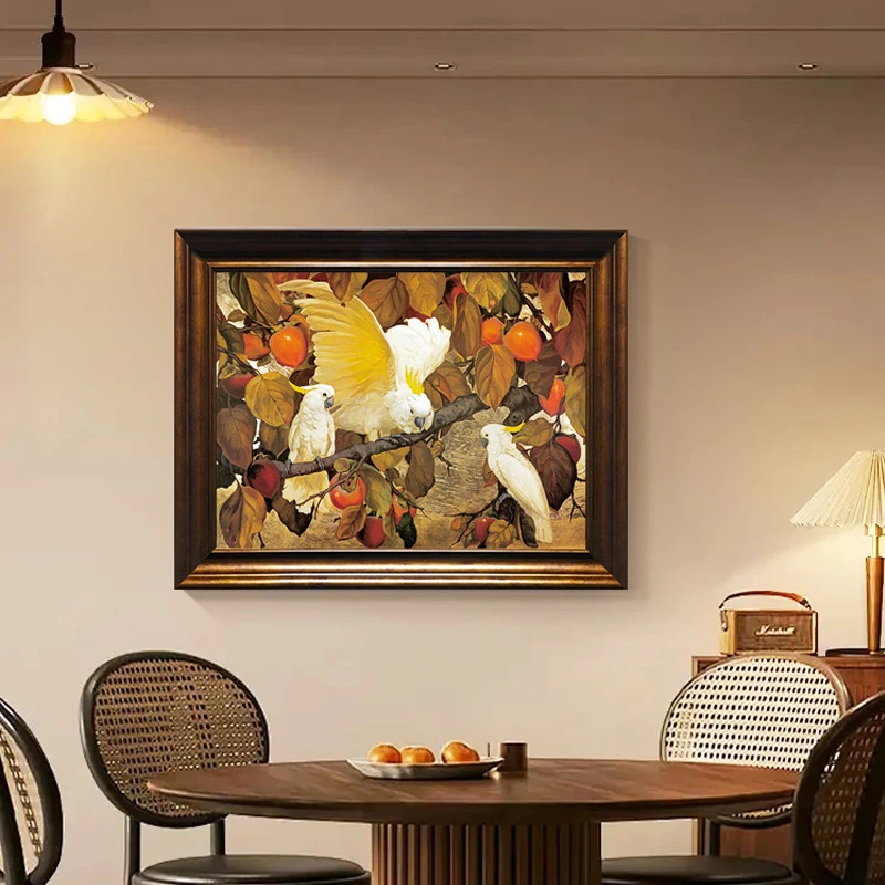 u作【鹦鹉与柿子】手工油画玄关古典中古风中式欧式美式法式装饰画