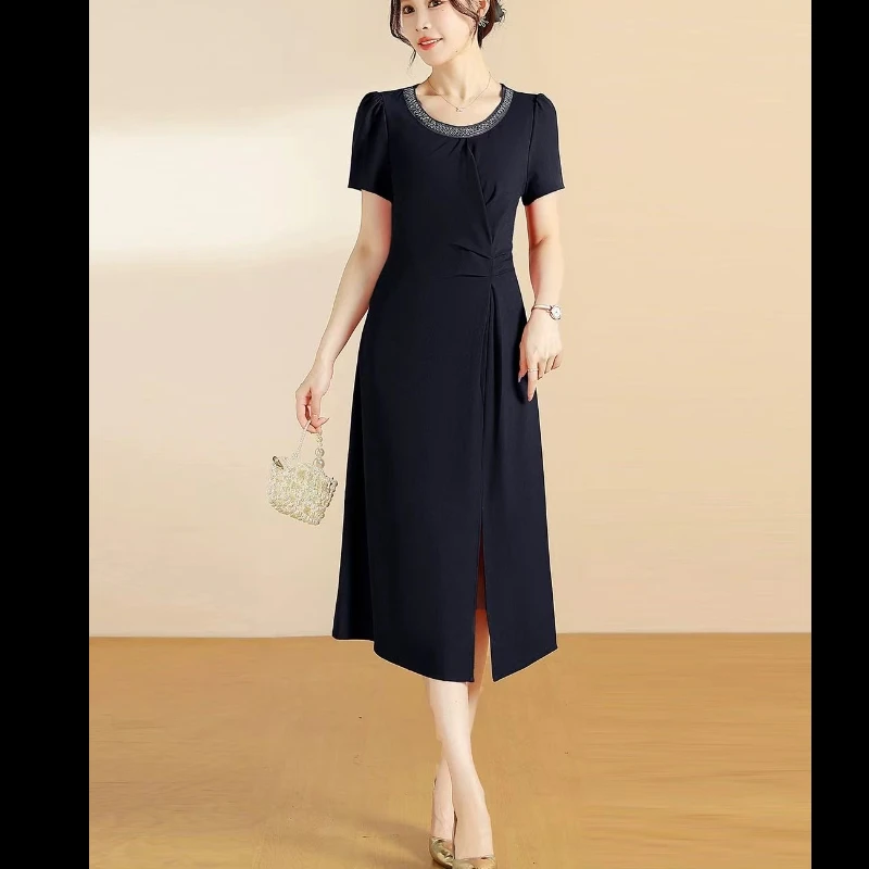时尚简约圆领修身遮肚显瘦中长连衣裙夏季新款