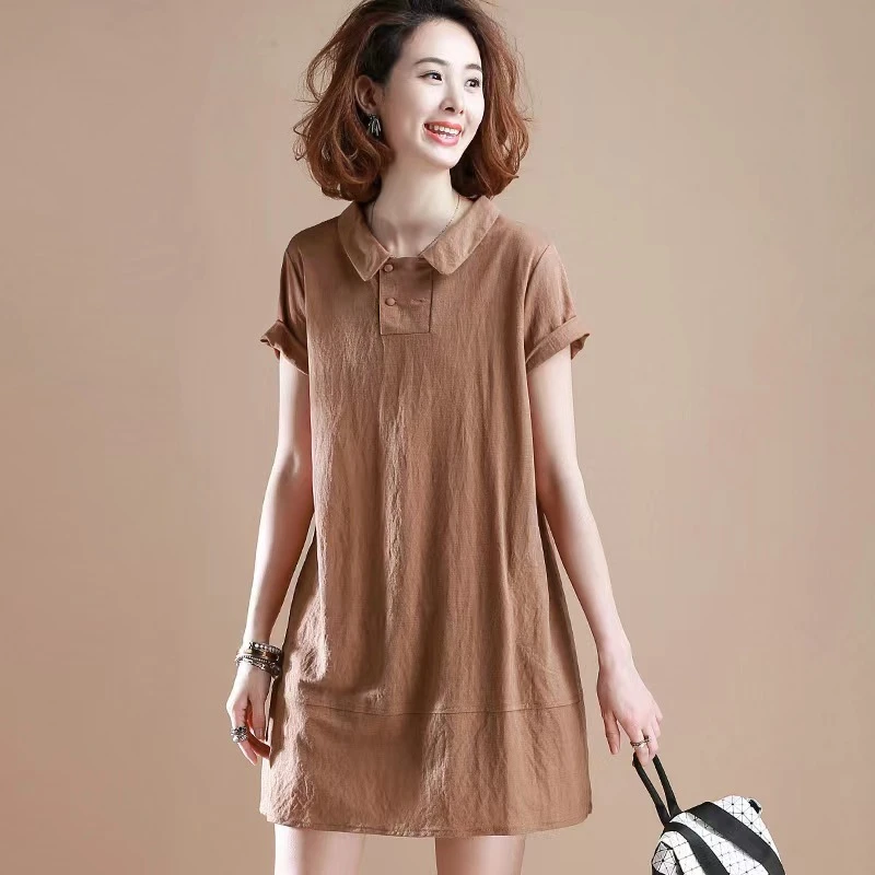 纯色连衣裙夏季新款韩版大码宽松短袖裙子时尚气质休闲遮肉a字裙