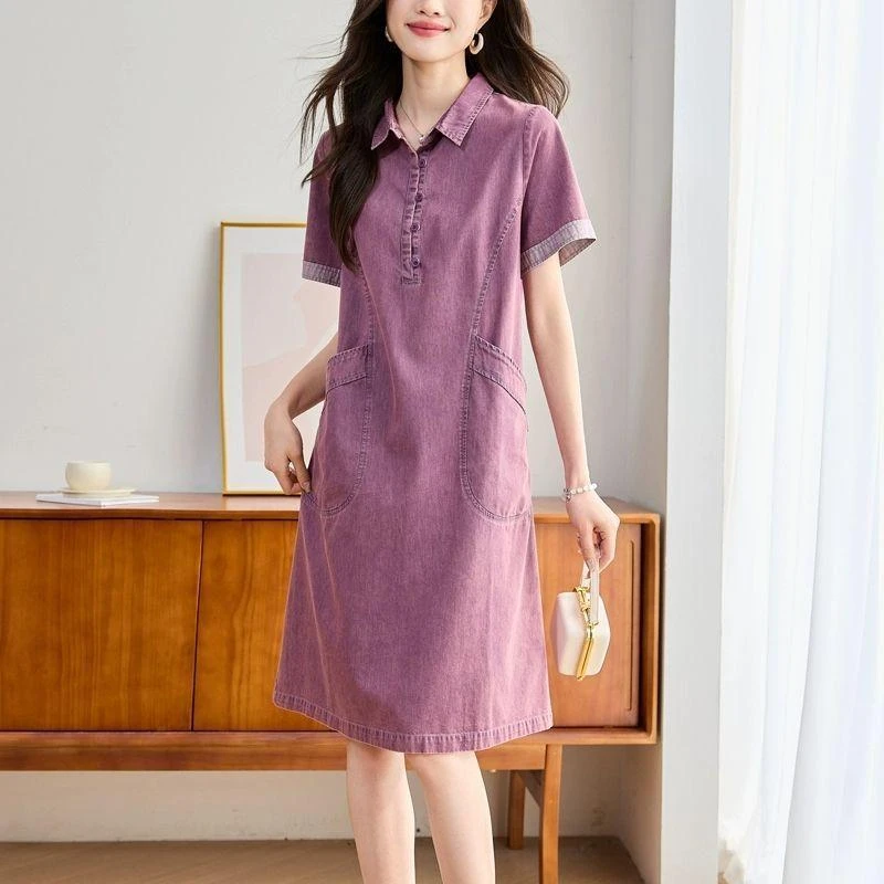 短袖牛仔连衣裙女中长款夏季2025新款韩版宽松休闲高级感衬衫裙子