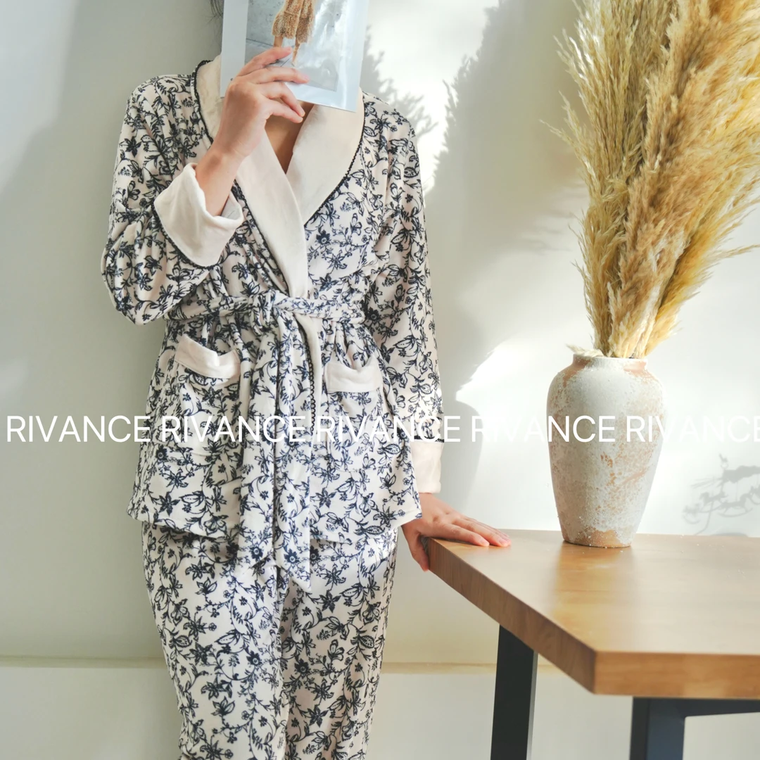 法式高级感花卉睡衣加绒舒适家居服印花秋冬可外穿长款保暖睡衣