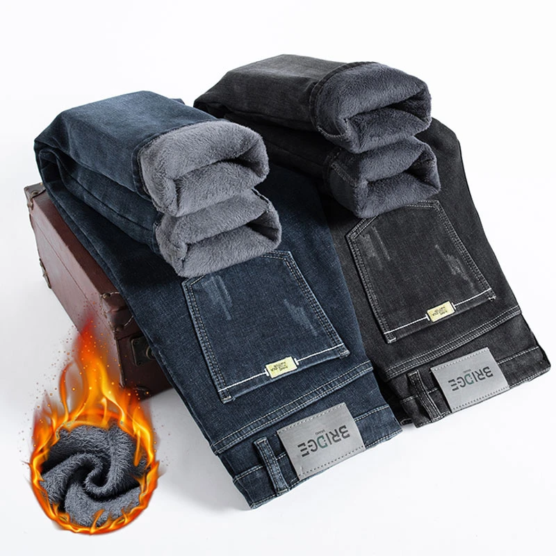 泰维肯戈冬季加绒加厚牛仔裤男修身直筒弹力免烫抗皱小脚保暖长裤