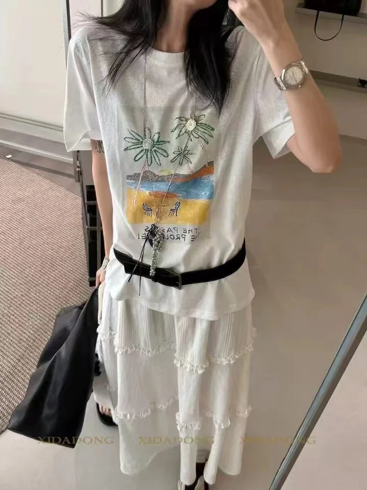 夏季韩系椰子树图案宽松双纱雪花棉短袖T恤