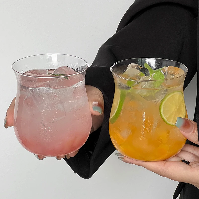 郁金香造型杯ins风拿铁咖啡杯复古玻璃杯家用女牛奶饮品喝水杯子