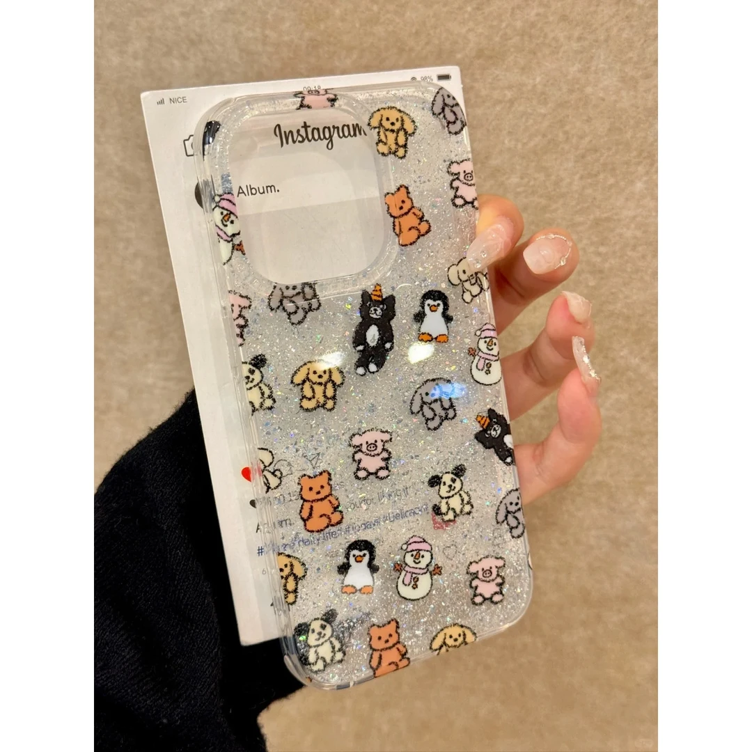 BANCA闪粉手绘风格萌物适用iPhone16promax手机壳苹果15/14/13/12