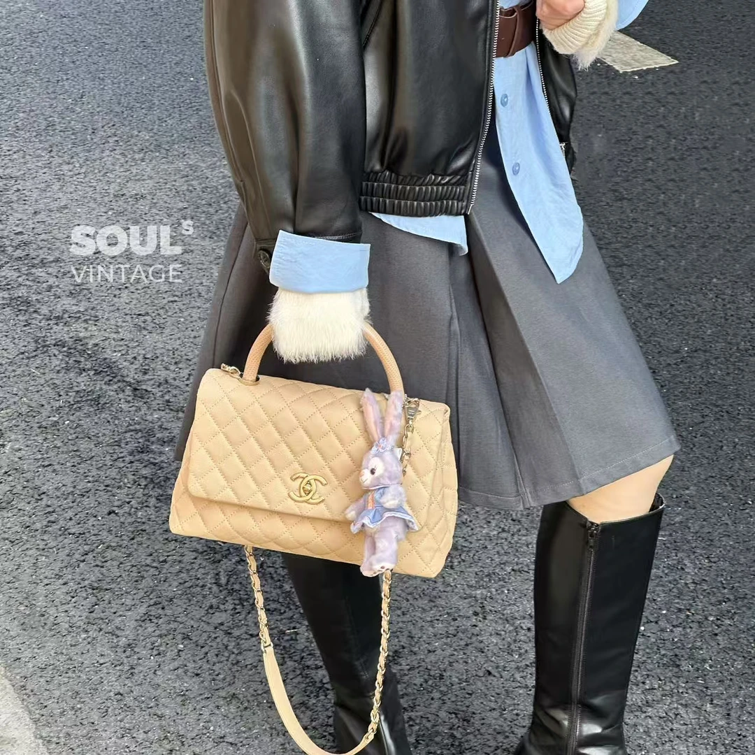 95新 Chanel/香奈儿 奶茶色鱼子酱cocohandle单肩包/670139511