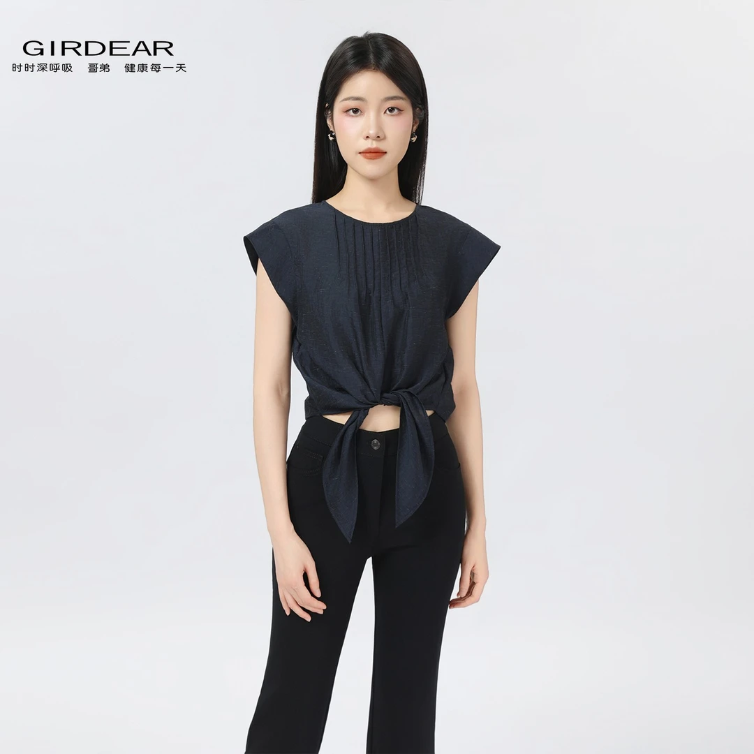 GIRDEAR/哥弟新款法式衬衫钢琴褶优雅系带高级感束腰短衫130024