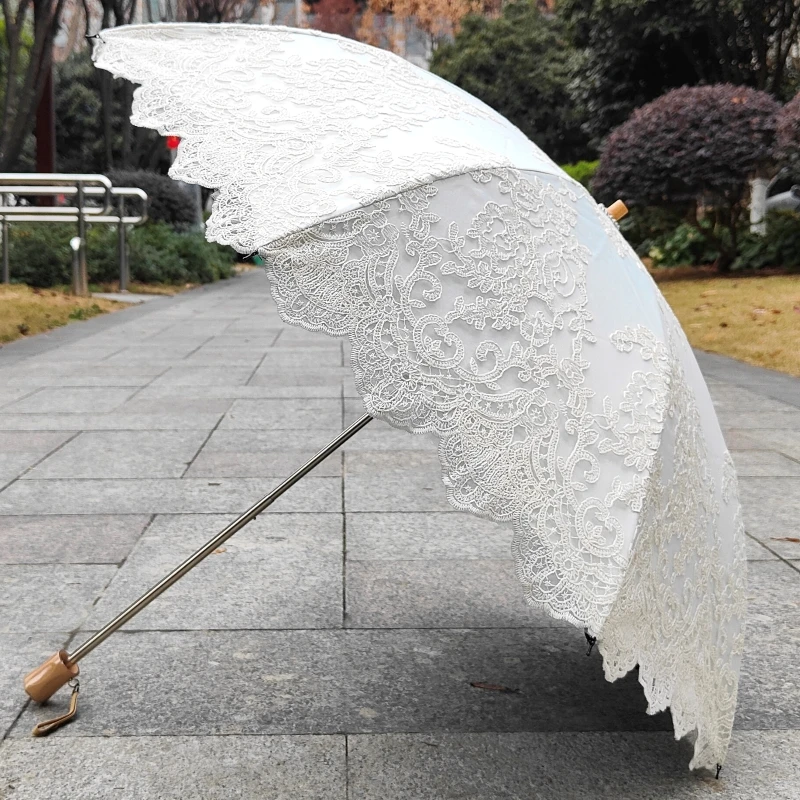 米色刺绣花太阳伞黑胶双层蕾丝防紫外线防晒遮阳晴雨两用复古洋伞