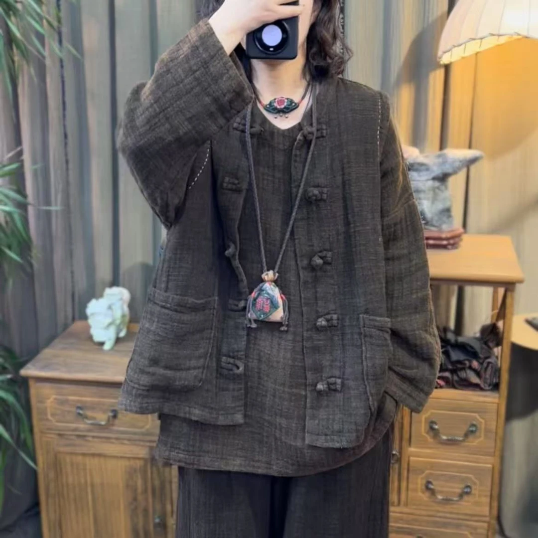 那年2025   新款色织汉麻加厚款复古盘扣马甲（长70胸围140）