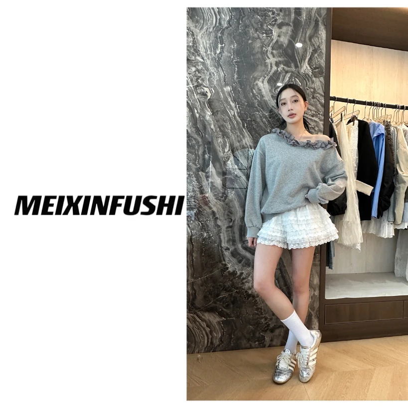 【Mei Xin】斜肩花边设计卫衣/0081/D